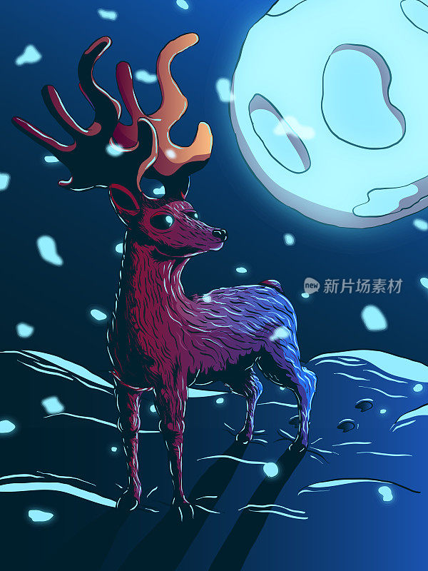 卡通冬季插图-驯鹿在晚上的雪。