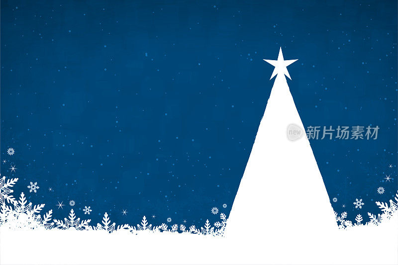 一棵白色三角形的圣诞树，在午夜的深蓝色圣诞背景上，顶部有一颗星星，底部有雪花