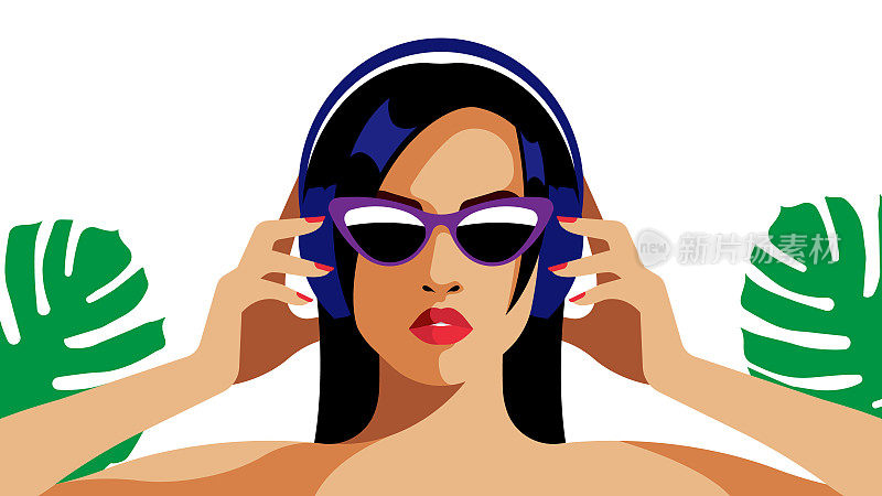 戴耳机的女人。有吸引力的美女在白色背景太阳镜。音乐、情绪、广播、播客的概念。矢量插图。