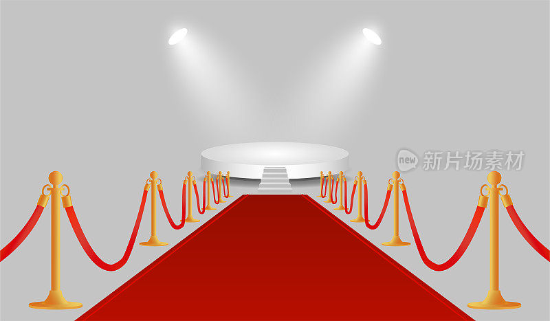 带有照明的抽象讲台。现实的红地毯和金色的障碍与楼梯，场景和聚光灯。舞台上的奖项或表演由艺术家。灰色bg上的矢量图。