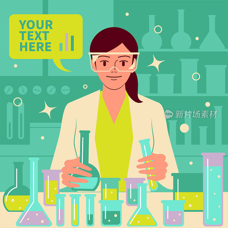 微笑美丽的女科学家(医生，生物化学家)在实验室做科学实验和医学研究