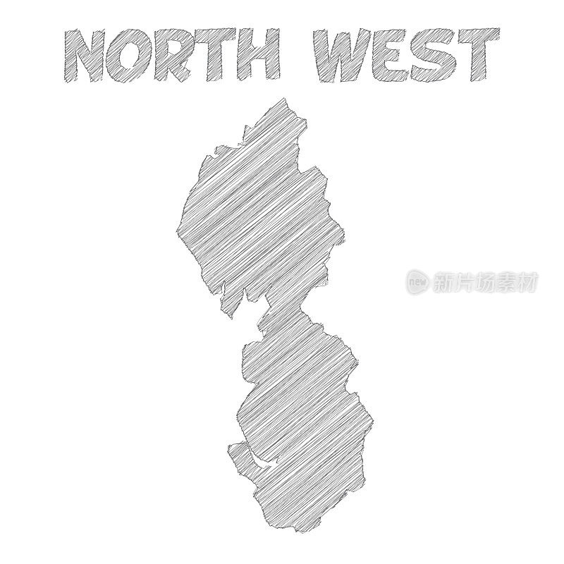 西北地图手绘在白色背景上