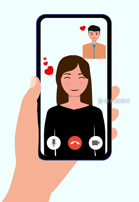视频通话的概念。情侣们可以用智能手机进行视频通话。爱在隔离。人类手持式设备与人在屏幕上。人们和小玩意。爱的距离。插图