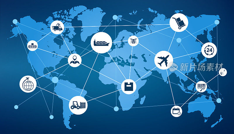 配送理念与物流连接集图标，世界货运海关，国际自由贸易，航运标志，世界地图-库存矢量