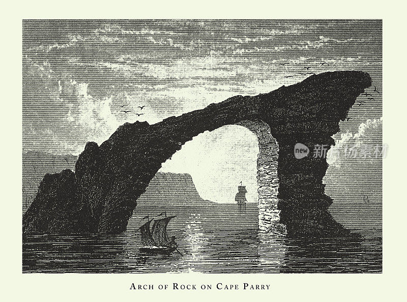 雕刻古董，在帕里角的岩石拱门，森林，湖泊，洞穴和不寻常的岩层雕刻古董插图，出版1851年