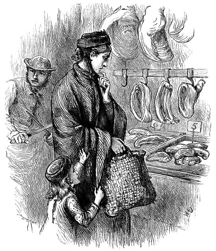 维多利亚时代的妇女在肉店里挑选肉