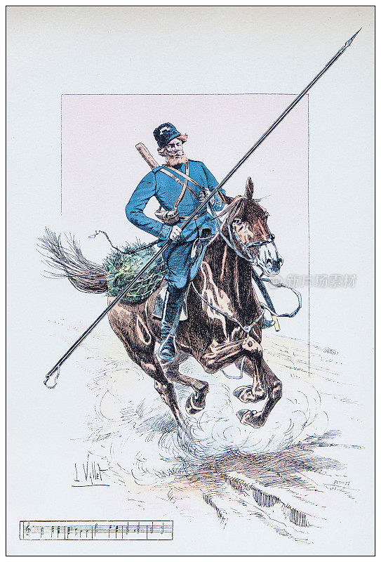 马，骑士和骑兵的古董插图:哥萨克