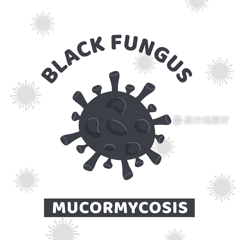 印度爆发黑真菌疫情。毛霉菌病的疾病。白色背景上有黑霉细菌的方形横幅。显微镜下的有毒霉菌染色。矢量卡或插图在平面卡通风格。