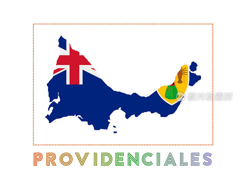 Providenciales标志。普罗维登夏莱斯地图，岛屿名称和旗帜。