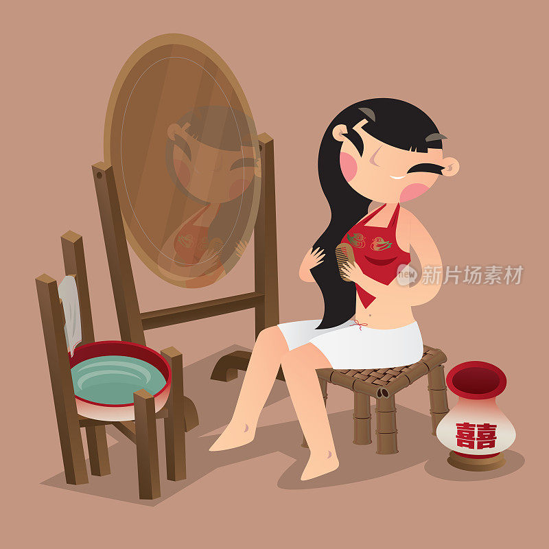 一位中国古代女子在铜镜前梳妆
