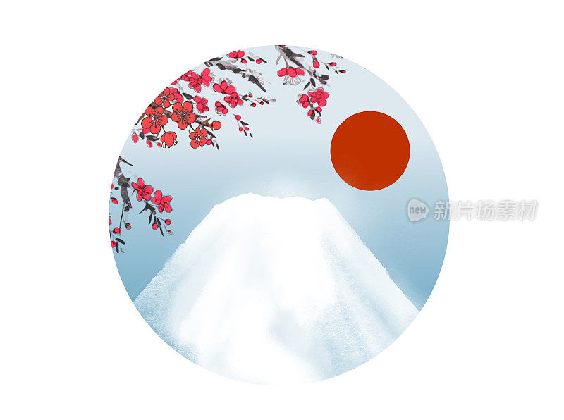 樱花盛开，红日与富士山环行。日本传统水墨画sumi-e。