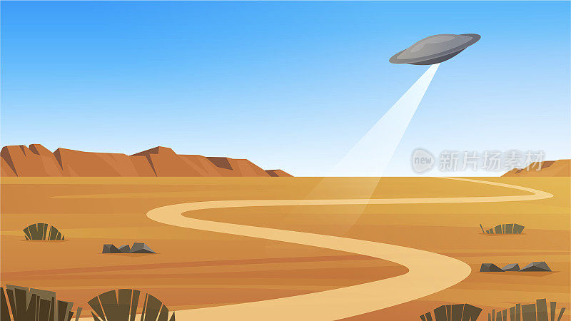 飞碟飞越沙漠的景观。不明飞行物在内华达州。