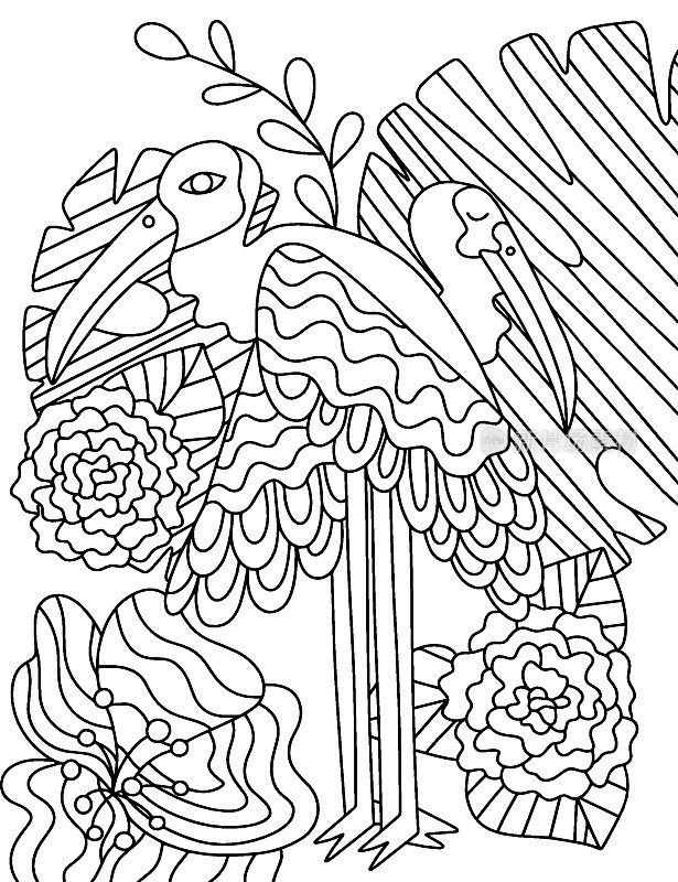 白鹭鸟与花和叶子手绘着色页股票矢量插图