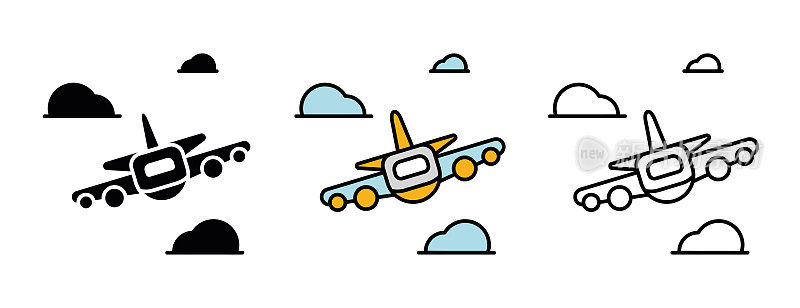 飞机的正面素描在云朵之间。