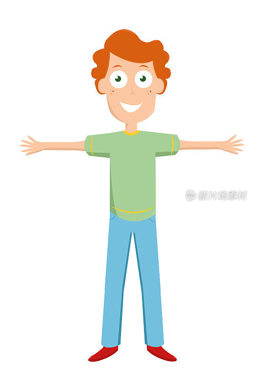 快乐有趣的棕色头发的男孩微笑着穿着蓝色裤子，伸开双臂准备拥抱。卡通风格的孩子化身平面矢量人物设计插图孤立在白色的背景。