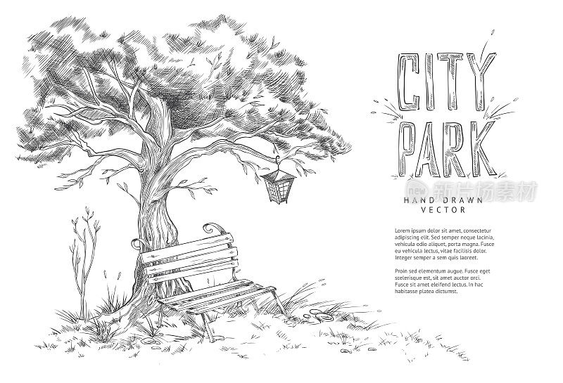 城市公园在素描风格矢量插图。