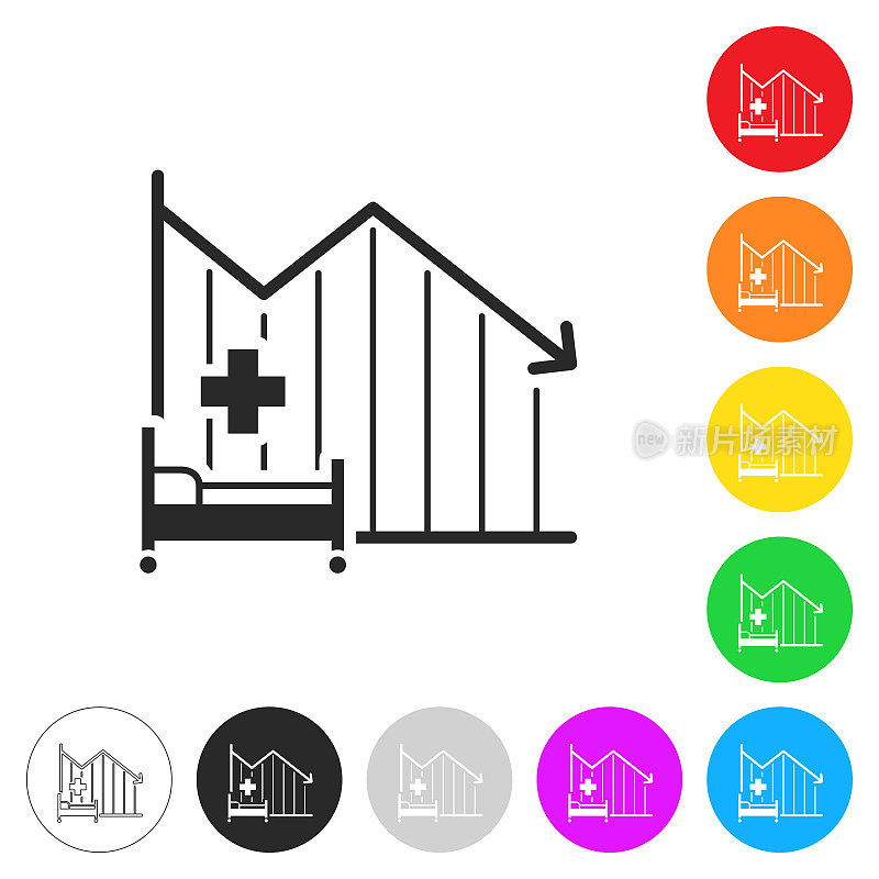 医院病床容量减少图表。按钮上不同颜色的平面图标
