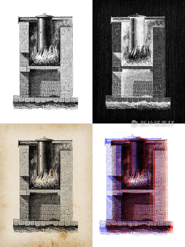 科学发现的古董插图:煤，煤气和燃料油