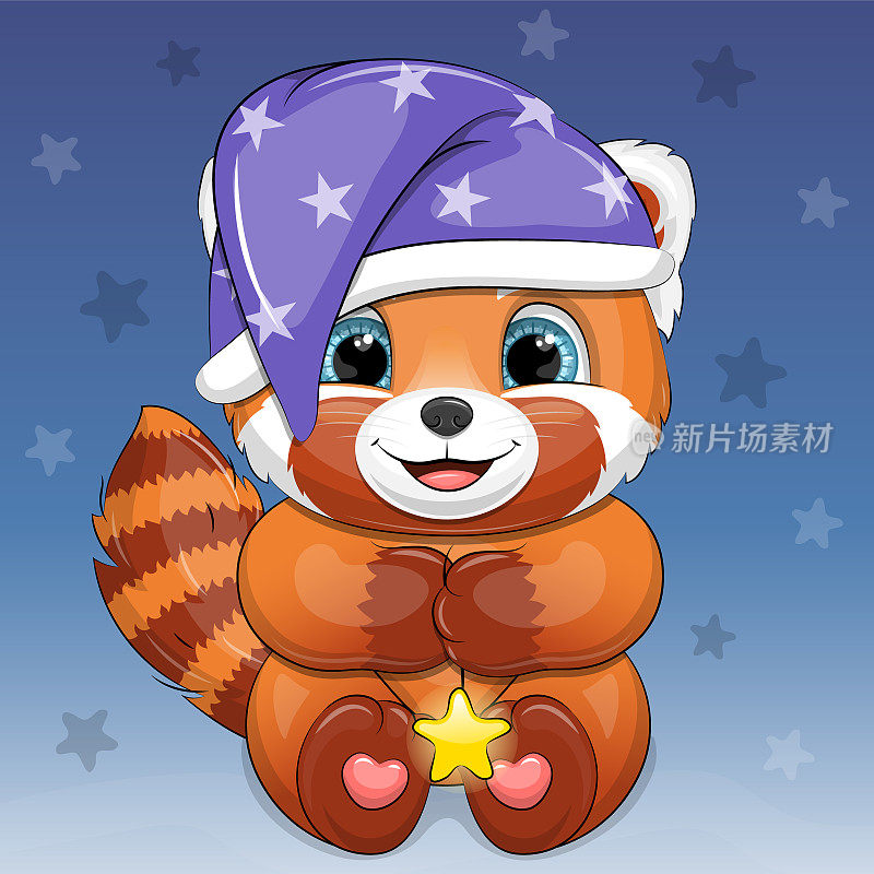 可爱的卡通小熊猫头戴睡帽，手捧闪亮的星星。