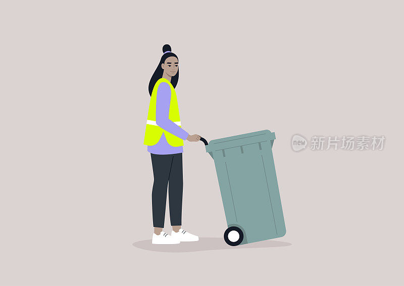 一个年轻的亚洲女性角色收集一个垃圾桶，公用事业服务，环境对话，一个塑料垃圾桶在轮子上