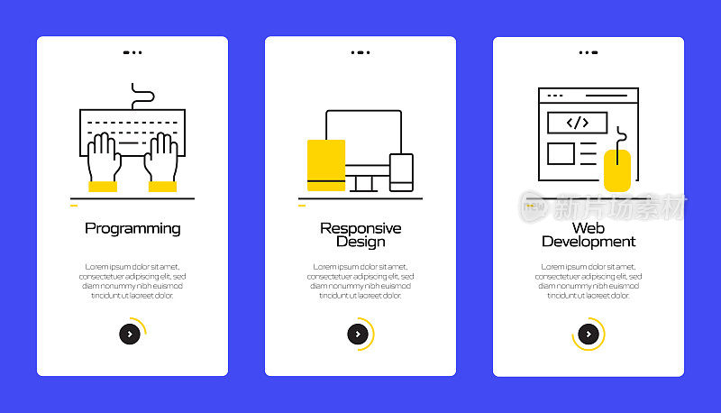 搜索引擎优化概念Onboarding移动应用程序页面屏幕与平面图标。UI设计模板矢量插图