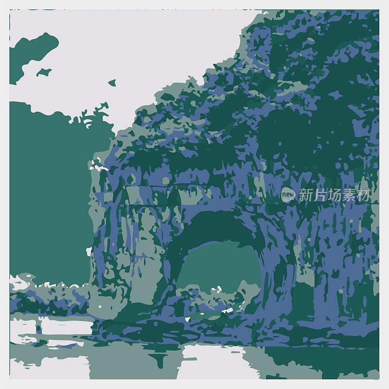 矢量雕刻风格古典山水插图背景，桂林市-广西，中国