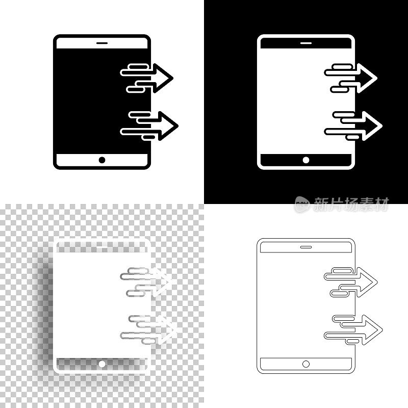 从平板电脑发送。图标设计。空白，白色和黑色背景-线图标