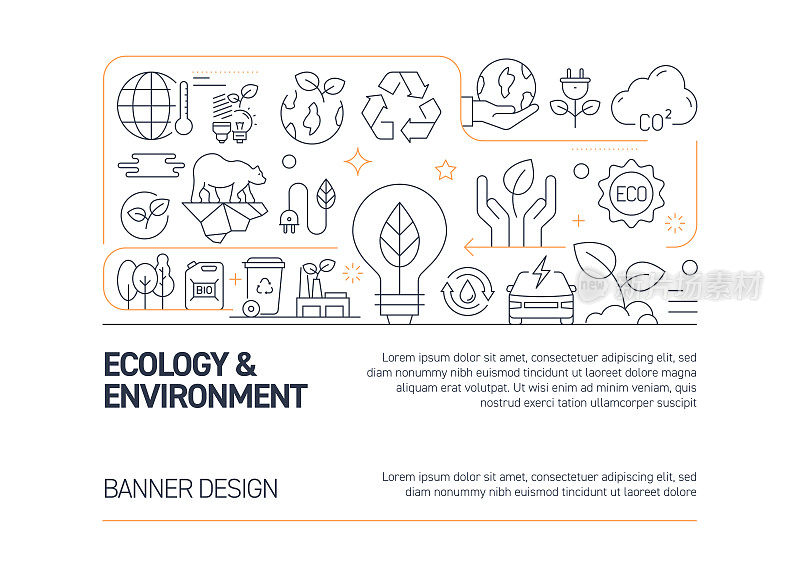 生态和环境相关的矢量横幅设计概念，现代线条风格与图标