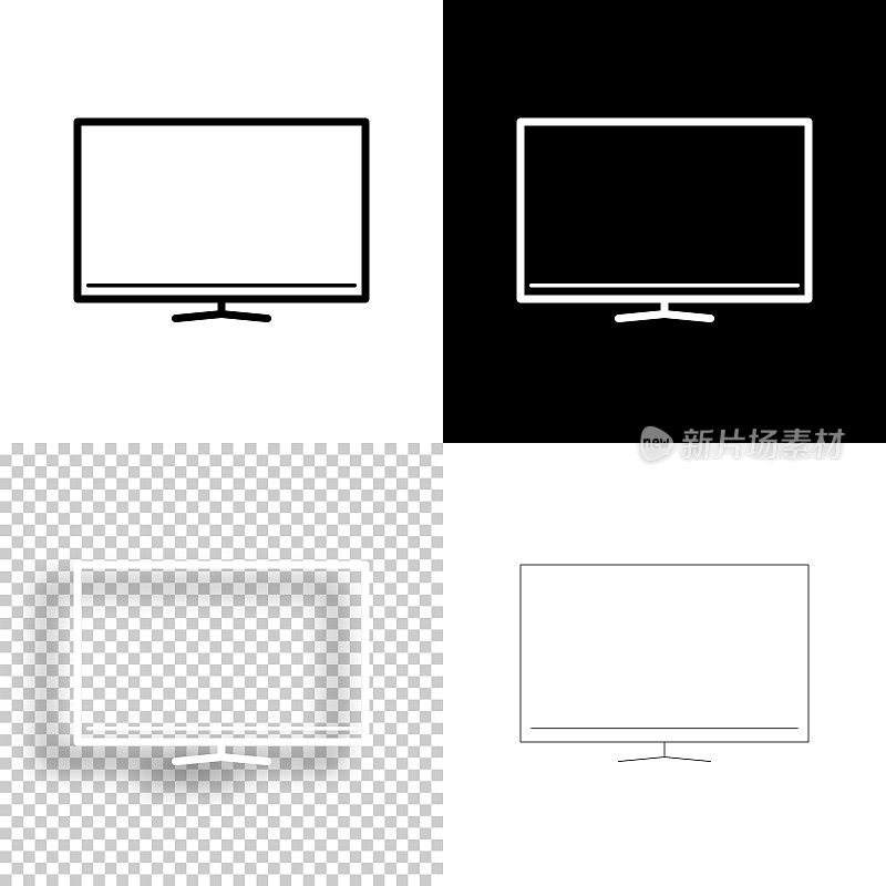 电视。图标设计。空白，白色和黑色背景-线图标