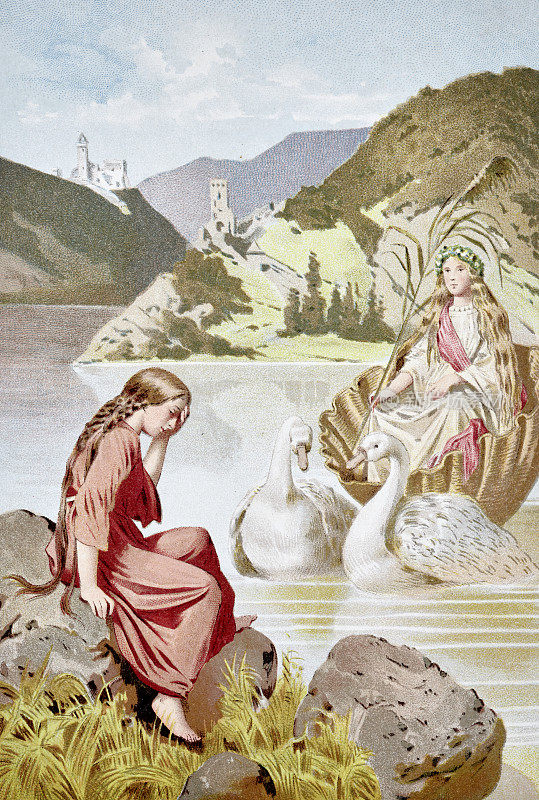 漂浮的贝壳，女孩和两只天鹅在湖上