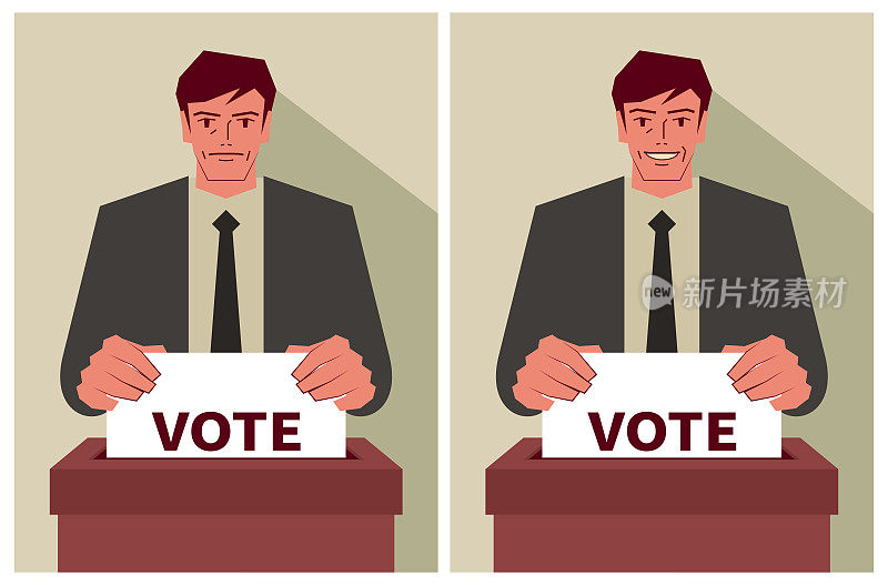 在选举期间，穿着西装的中年男子(投票人)带着两种不同的情绪在投票点投下了一票