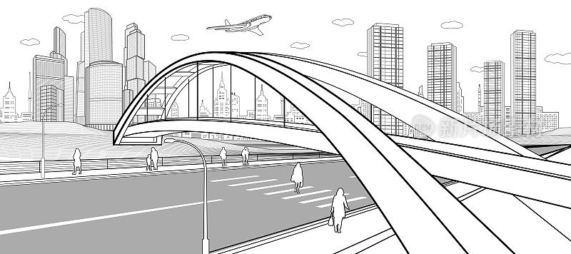 城市基础设施的说明。公路上的人行天桥。走在街上的人。现代小镇，都市风光。白色背景上的黑色线条。矢量设计艺术