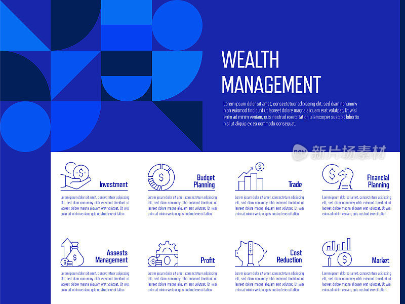 财富管理概念矢量线信息图形设计图标。9选项或步骤的介绍，横幅，工作流程布局，流程图等。