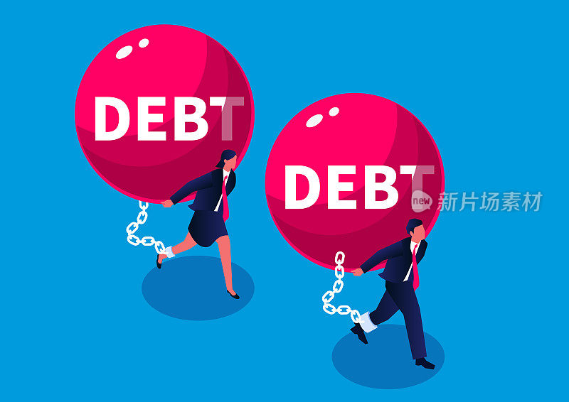 家庭财务和家庭债务，商人和妇女一起扛着巨大的债务铁球。