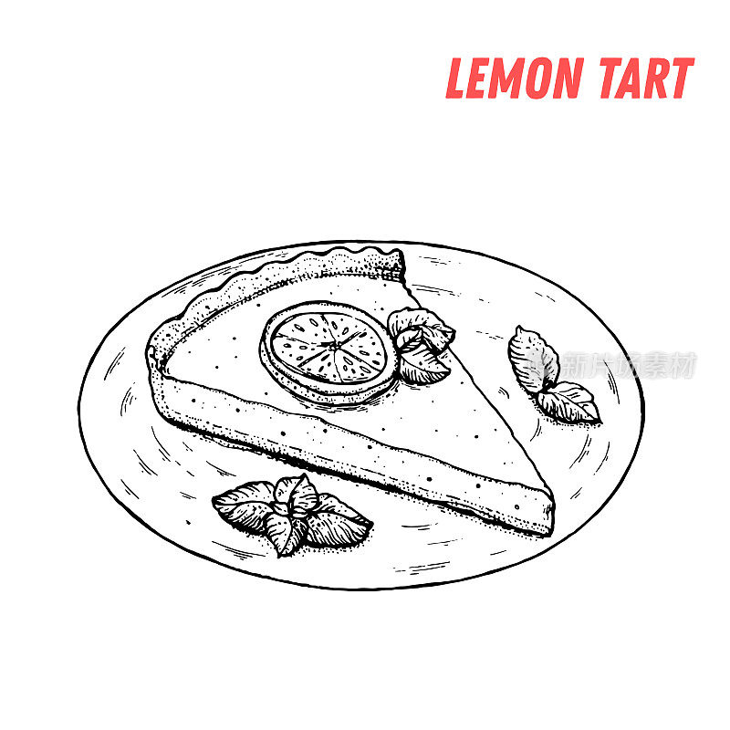 法式甜点柠檬挞素描。法国的糕点。食品菜单设计模板。手绘草图矢量插图。
