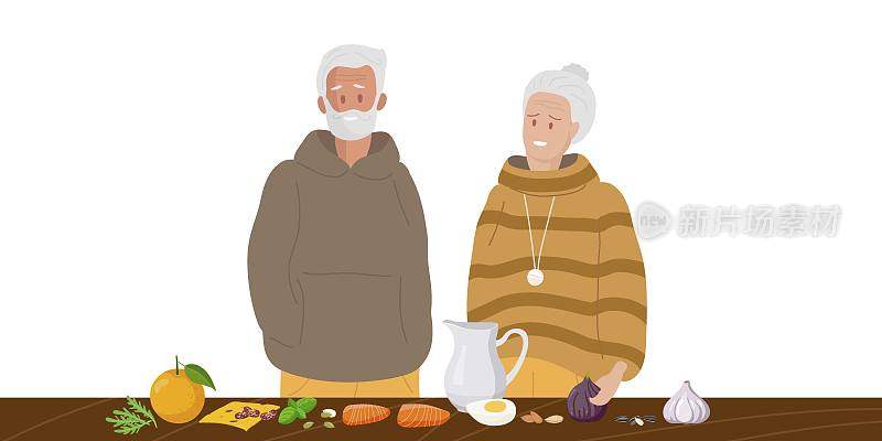 餐桌上的高钙食物。健康的老年生活方式。对骨骼和神经肌肉系统的影响。男女高级，食用富含钙的绿色蔬菜、乳制品、坚果、水果和鱼类。