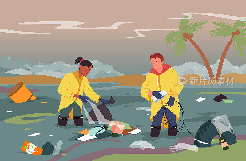 卡通志愿者人物从塑料袋、胶鞋、纸盒背景中清洗水。人们从垃圾中清理肮脏的河流，污染的海滩清理矢量插图。