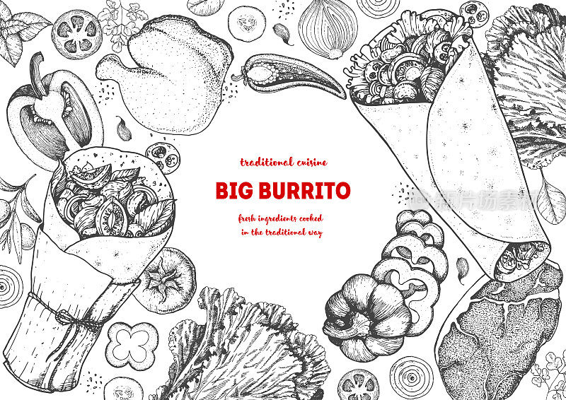 玉米煎饼和玉米煎饼的配料。墨西哥食物矢量插图。食物菜单上雕刻的元素。