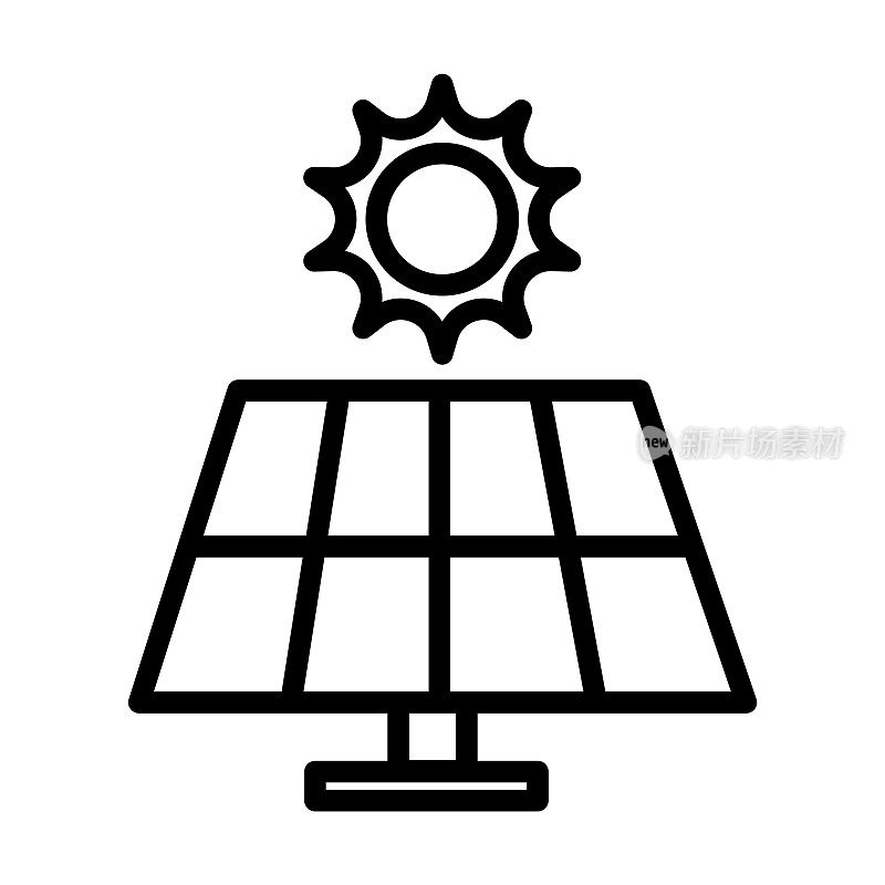 太阳能电池板图标从生态收集。薄线性太阳能电池板，太阳能，太阳轮廓图标孤立在白色背景。线矢量太阳能电池板标志，网络和移动符号。