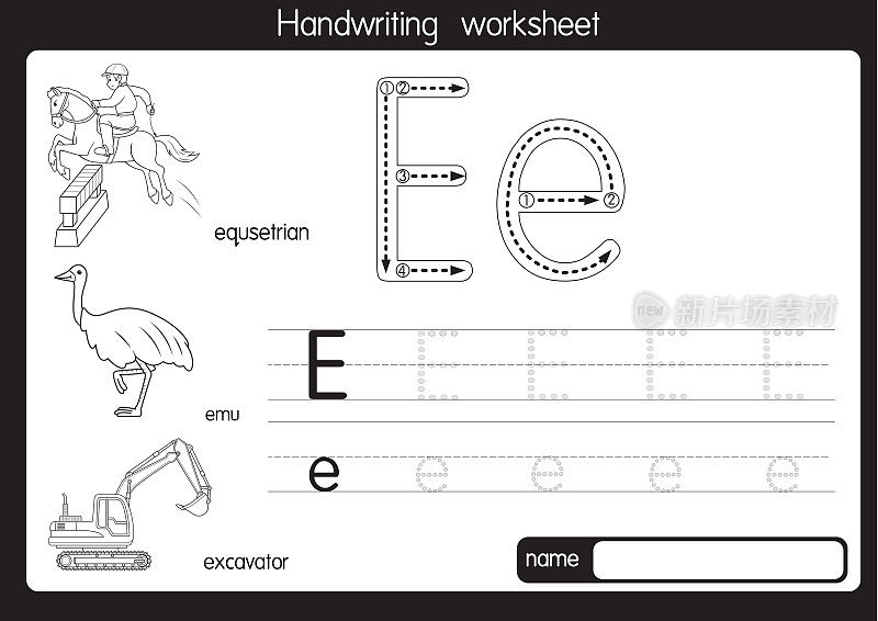 黑白矢量插图与字母E大写字母或大写字母的儿童学习练习ABC