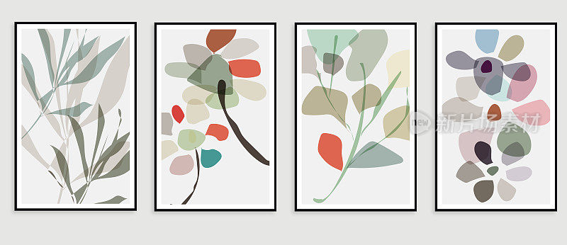 向量彩色植物墙艺术集叶子花手绘抽象植物艺术设计卡模板背景收集