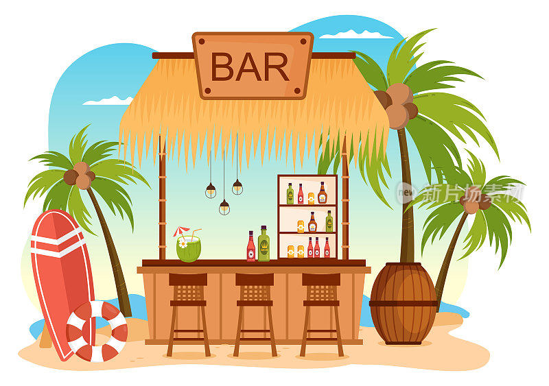 热带酒吧或酒吧在海滩与酒精饮料瓶子，调酒师，桌子，室内和椅子海滨在平面卡通插图