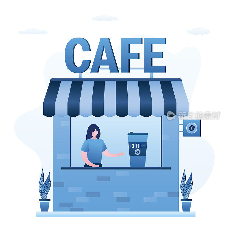 当地的小型企业。拿着大咖啡杯的女售货员。咖啡楼，咖啡外带。咖啡店。流行的蓝色风格的颜色。售货亭的女售货员或咖啡师。