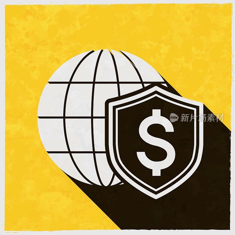 美元盾与地球仪。图标与长阴影的纹理黄色背景
