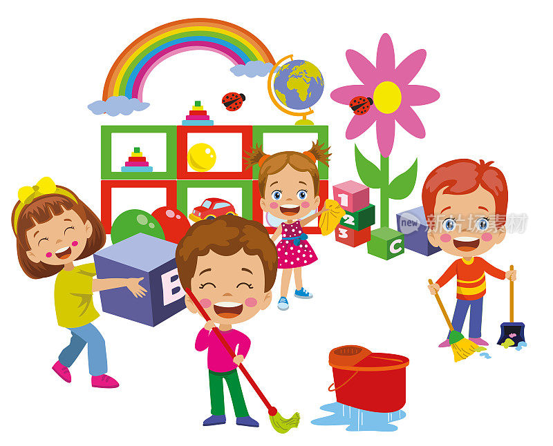 快乐，小，夏天，艺术，男孩，卡通，孩子，童年，孩子，教室，清洁，五颜六色，可爱，画画，花，有趣，女孩，快乐，插画，孤立，孩子，孩子，自然，户外，人，玩耍，彩虹，学校，学校，扫地，矢量，年轻