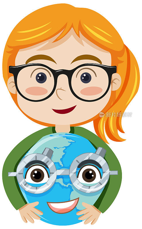 女孩戴着眼镜拿着地球星球的卡通