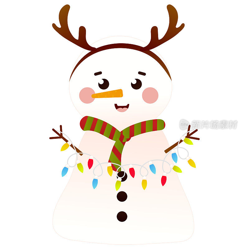 可爱的雪人与驯鹿头带在卡通风格的圣诞灯花环，孤立在白色背景