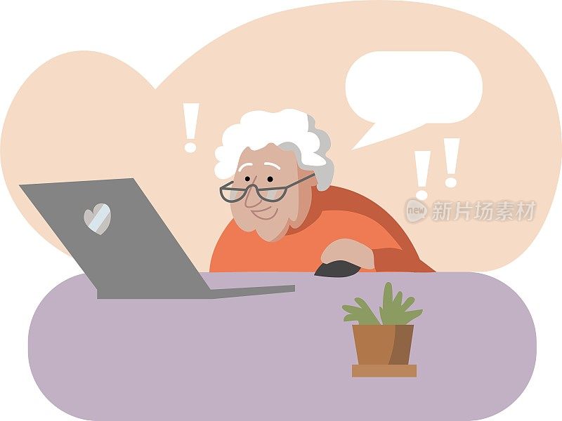 老年人电脑通讯。计算机教育。研究现代数字世界的老夫妇。老年人视频通话或在线沟通矢量插图