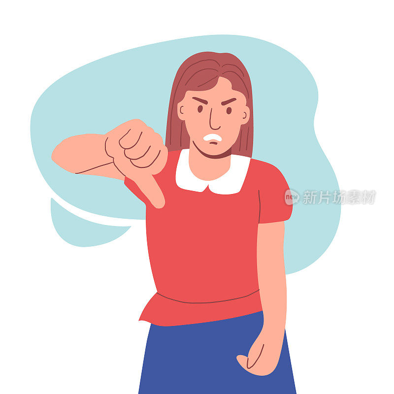 愤怒的女孩放下拇指。不赞成的姿态男人的负面情绪。不喜欢。平面向量