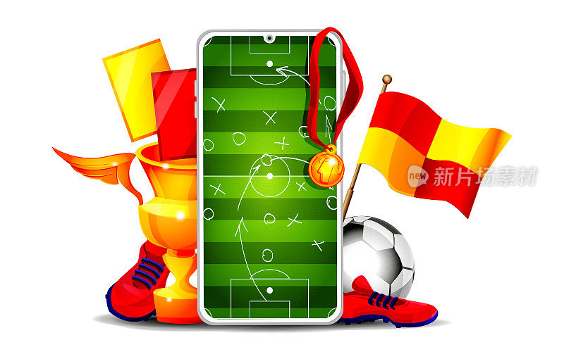 团队竞争、运动和胜利的概念。手机与游戏策略和足球设备在一个孤立的白色背景。创意图形网页模板。